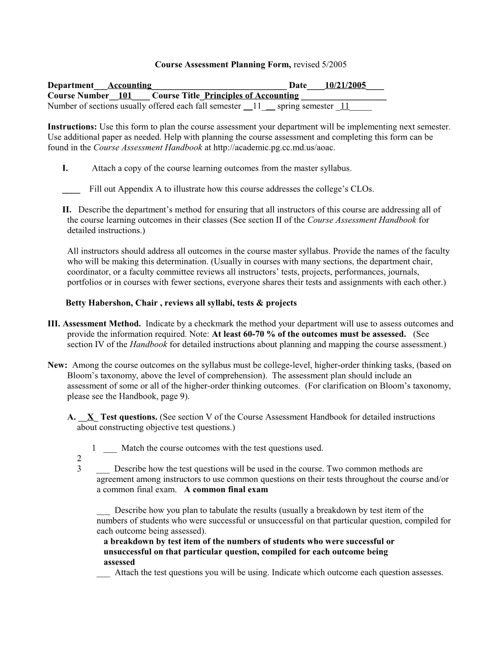 Course Assessment Planning Form, Revised Draft11/21/2002