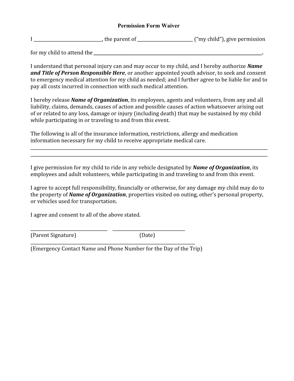Permission Slip and Liability Waiver