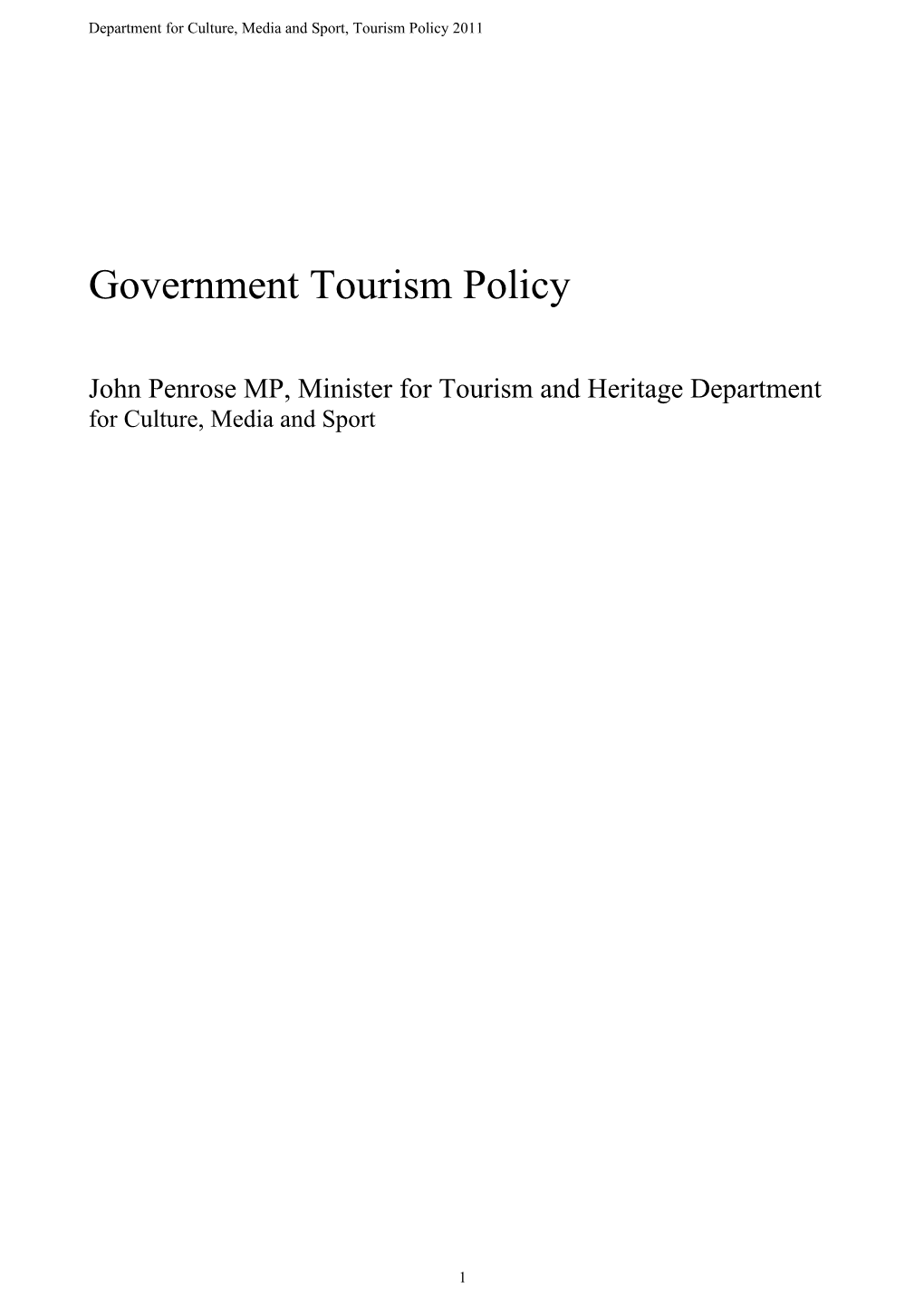 Department for Culture, Media and Sport, Tourism Policy 2011