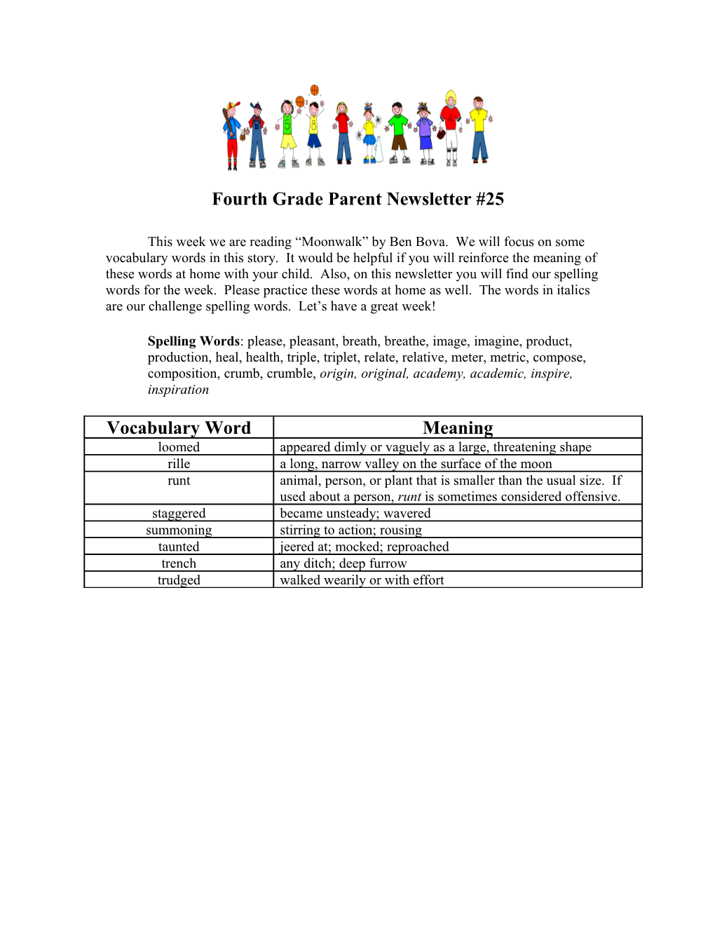 Fourth Grade Parent Newsletter #25
