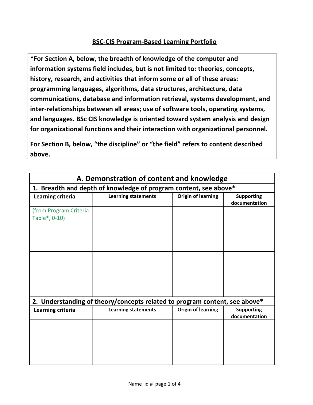 BSC-CIS Program Based Learning Portfolio