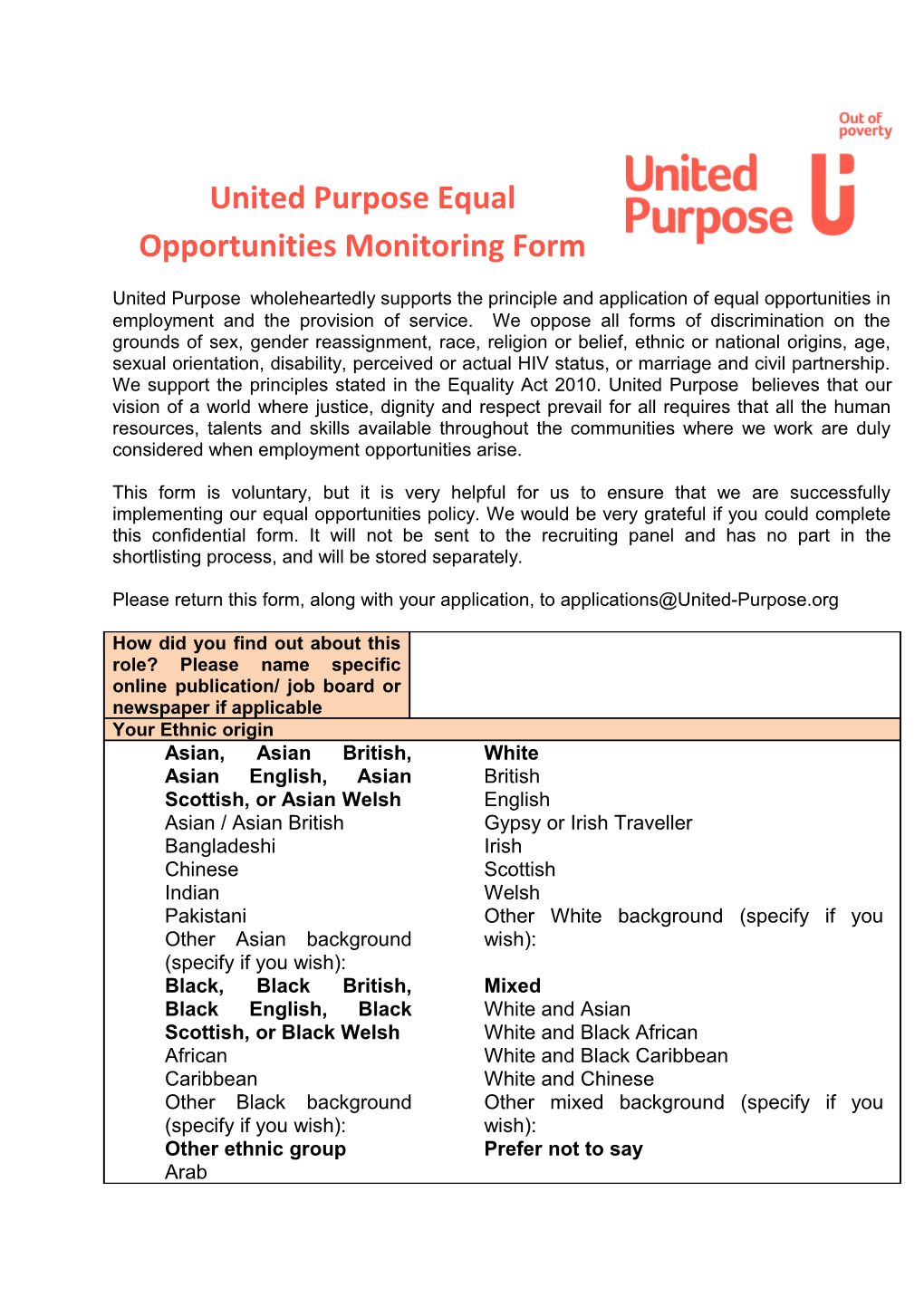 United Purpose Equal Opportunities Monitoring Form