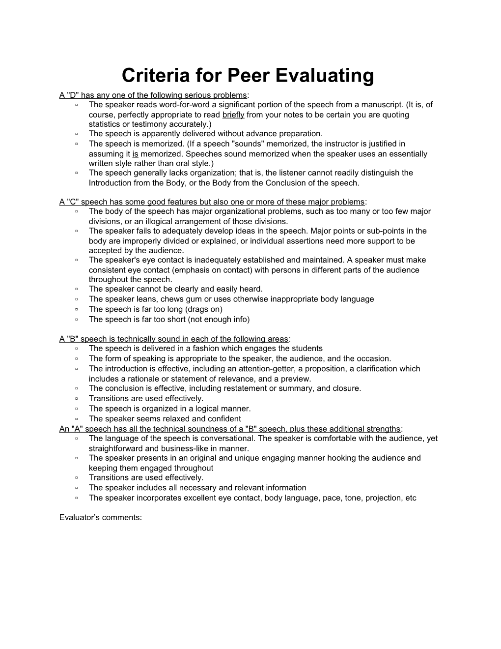 Criteria for Peer Evaluating