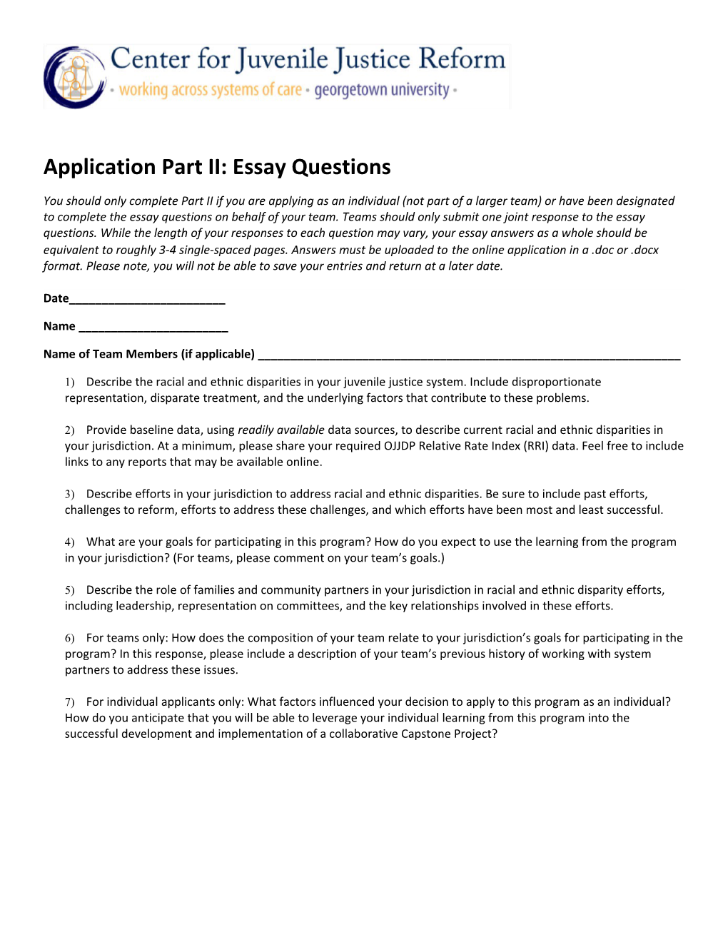 Application Part II: Essay Questions