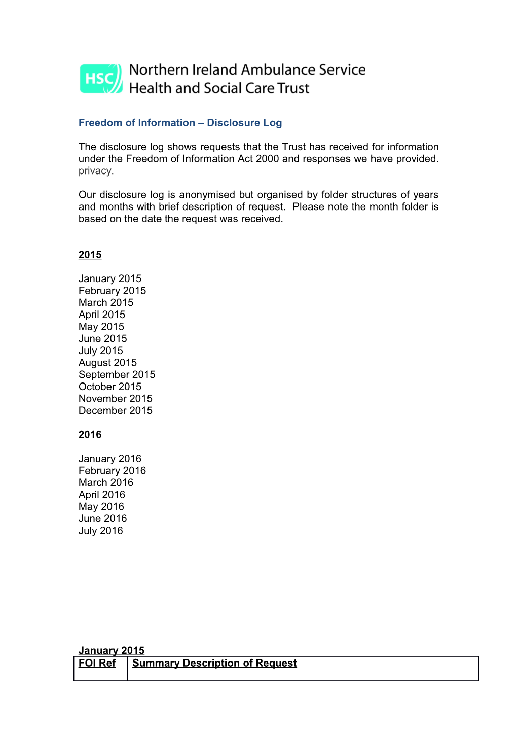 Freedom of Information Disclosure Log