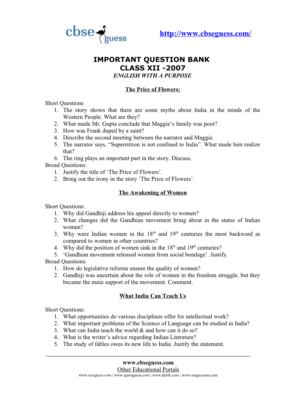 Important Question Bank for Class Xii -2007