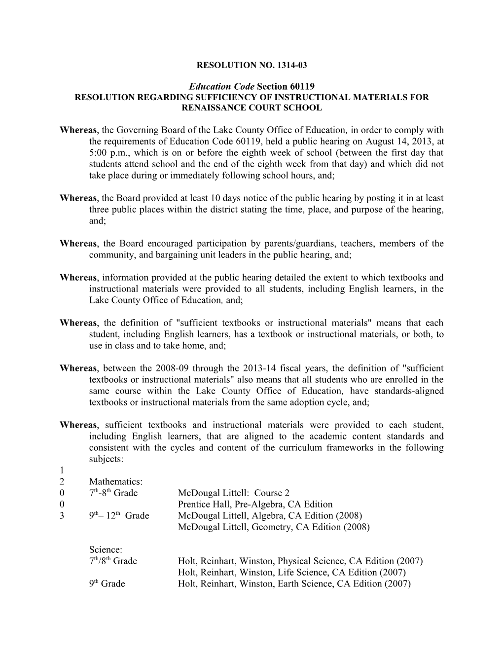 Resolution Regarding Sufficiency of Instructional Materialsforrenaissancecourtschool