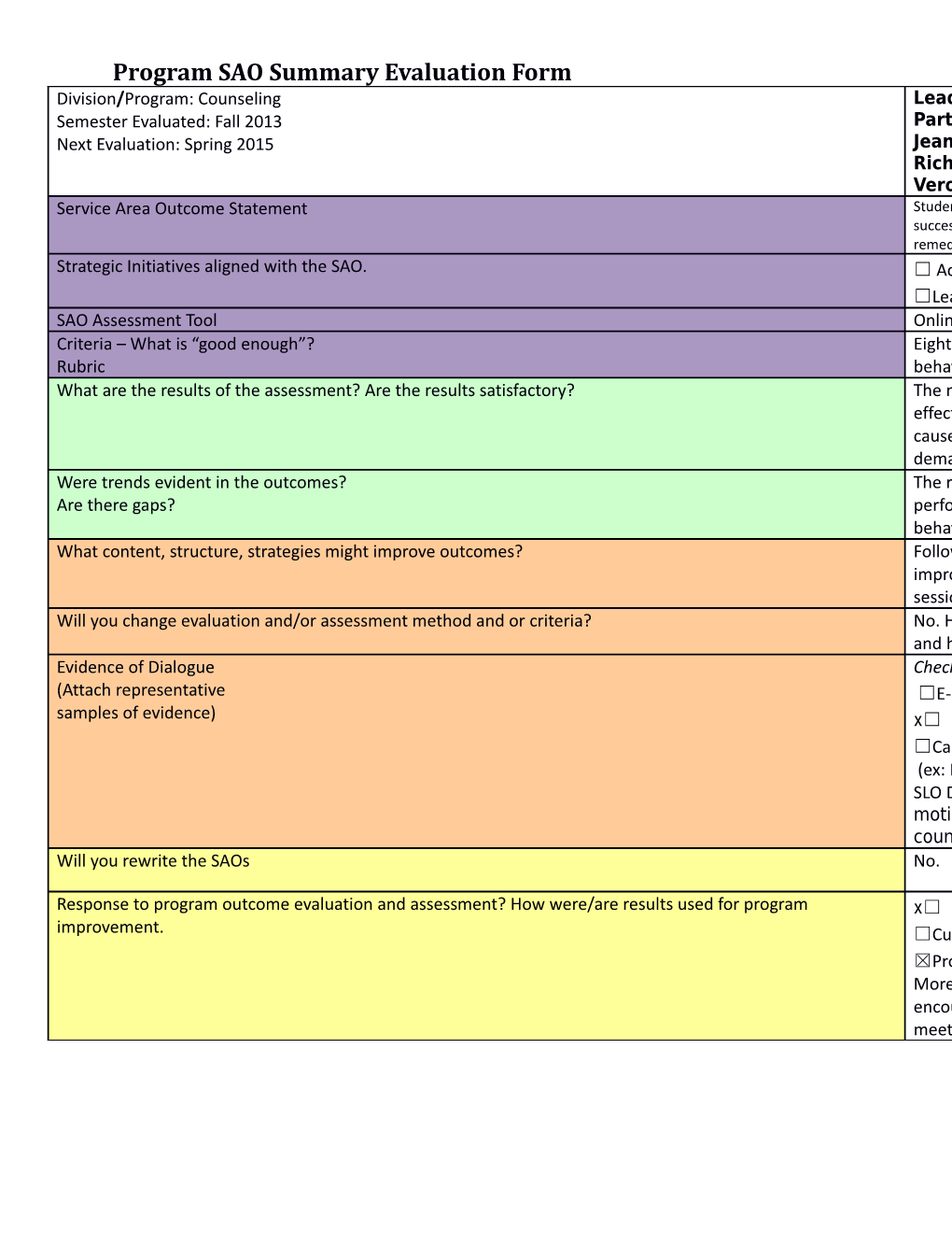 Program SAO Summary Evaluation Form
