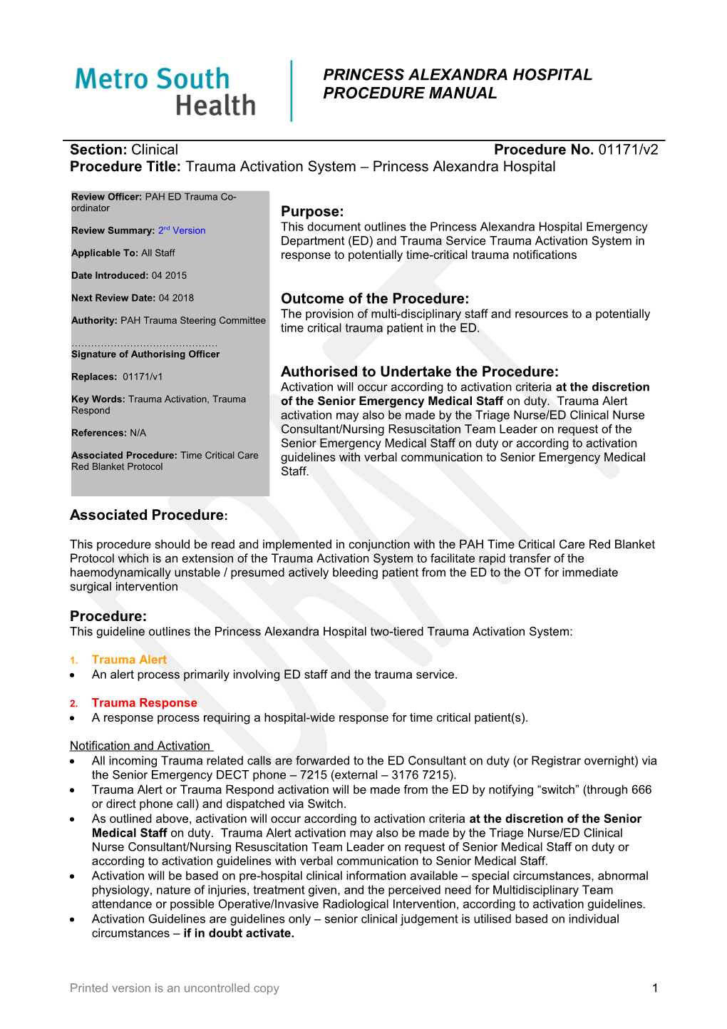 PA Hospital - PSQT - Trauma Activation System