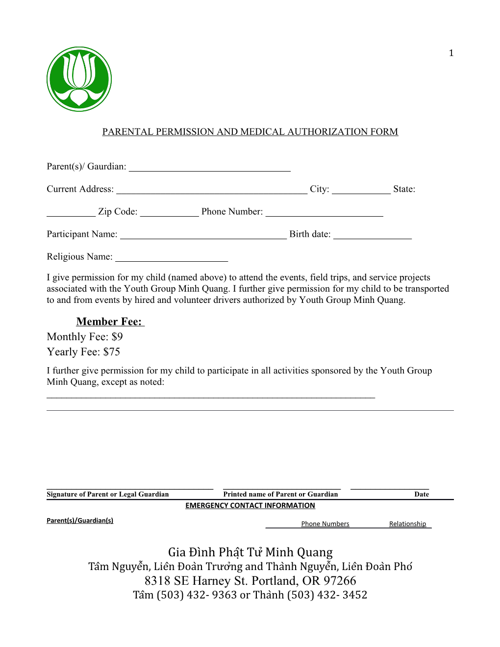 Parental Permission and Medical Authorization Form