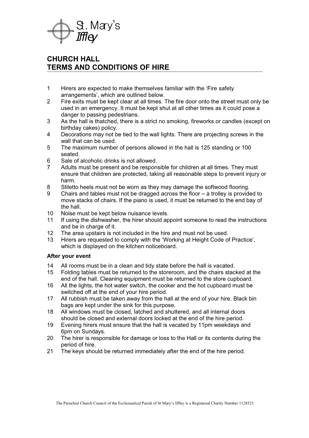 Church Hall Booking Form and Conditions of Hire