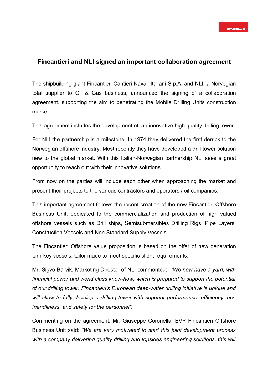 Fincantieri and NLI Signed an Important Collaboration Agreement