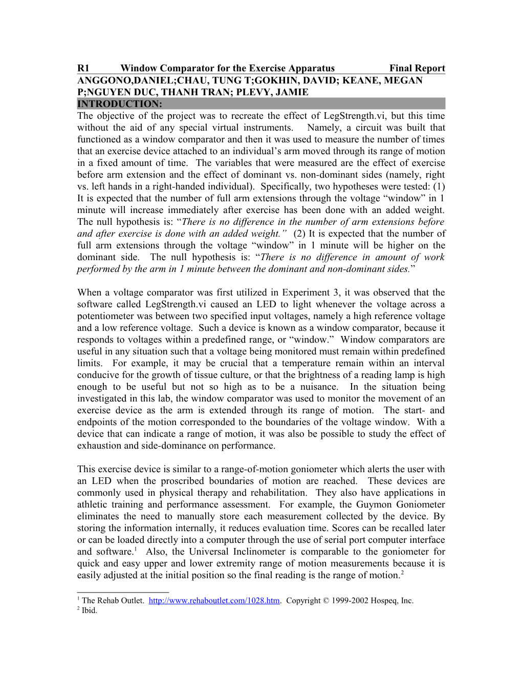 R1 Window Comparator for the Exercise Apparatus Final Report