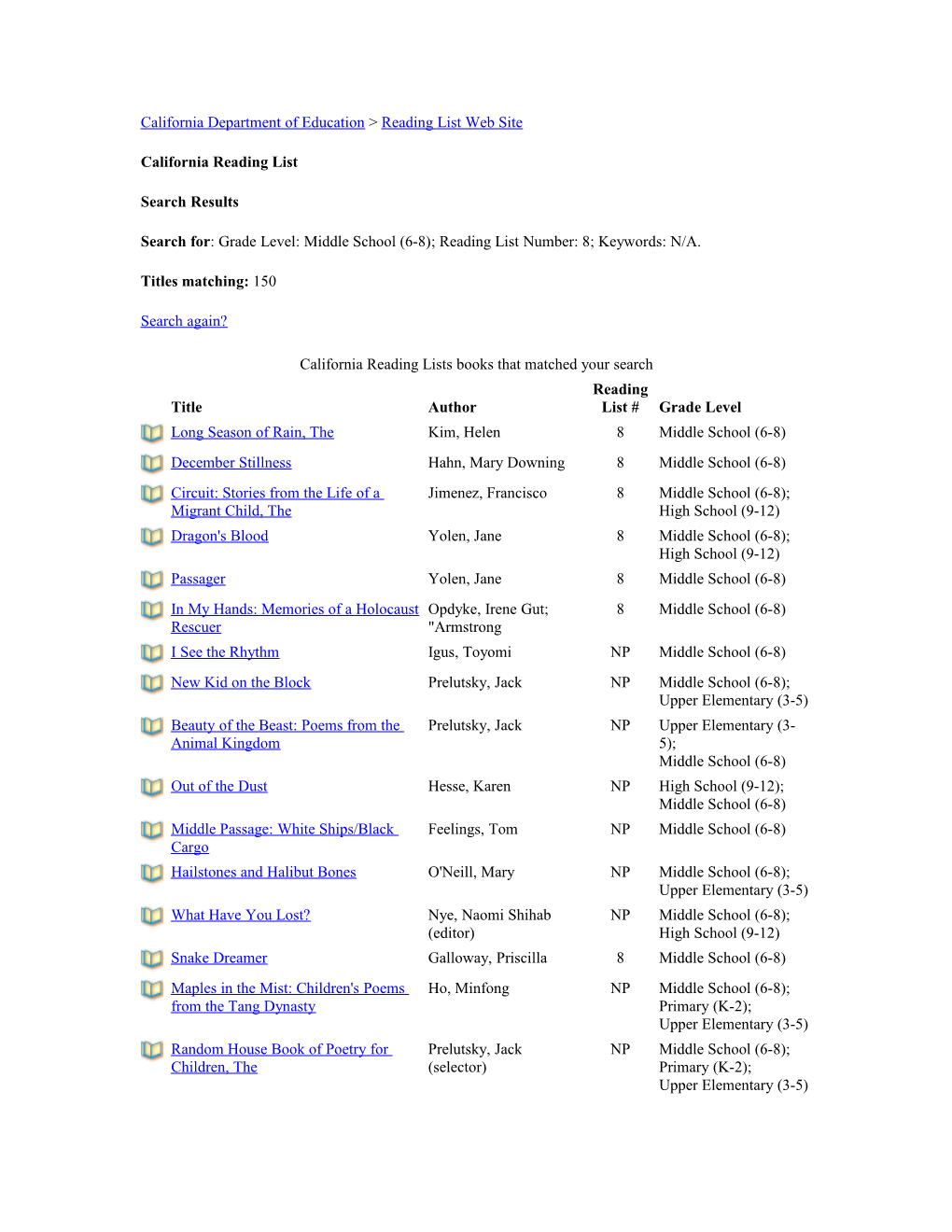 California Department of Education Reading List Web Site