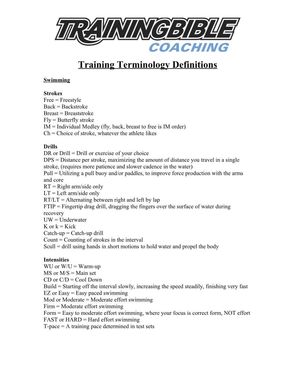 Training Terminology Definitions