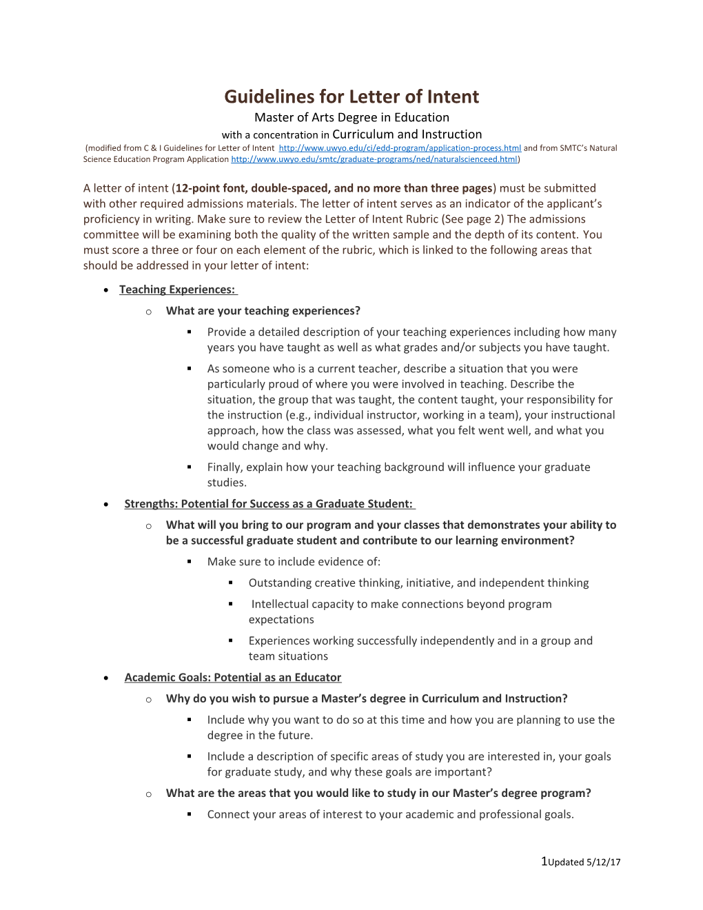 Guidelines for Letter of Intent