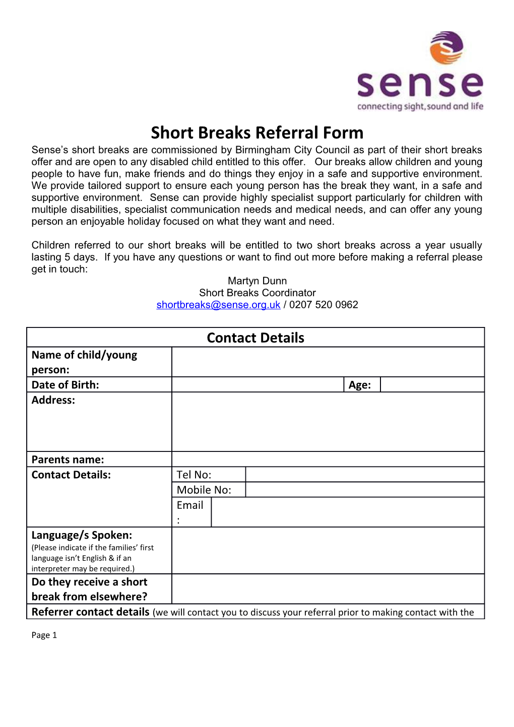 Short Breaks Referral Form