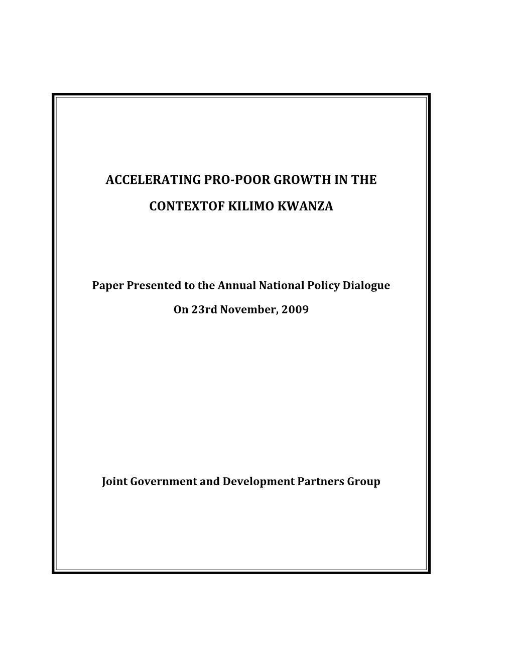 Joint Paper Between The Government Of The United Republic Of Tanzania And Development Partners: