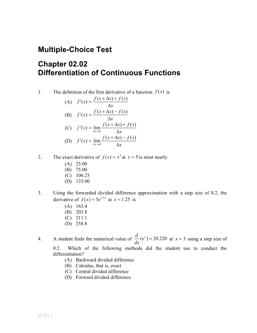 Differentiation of Continuous Functions Multiple Choice Quiz