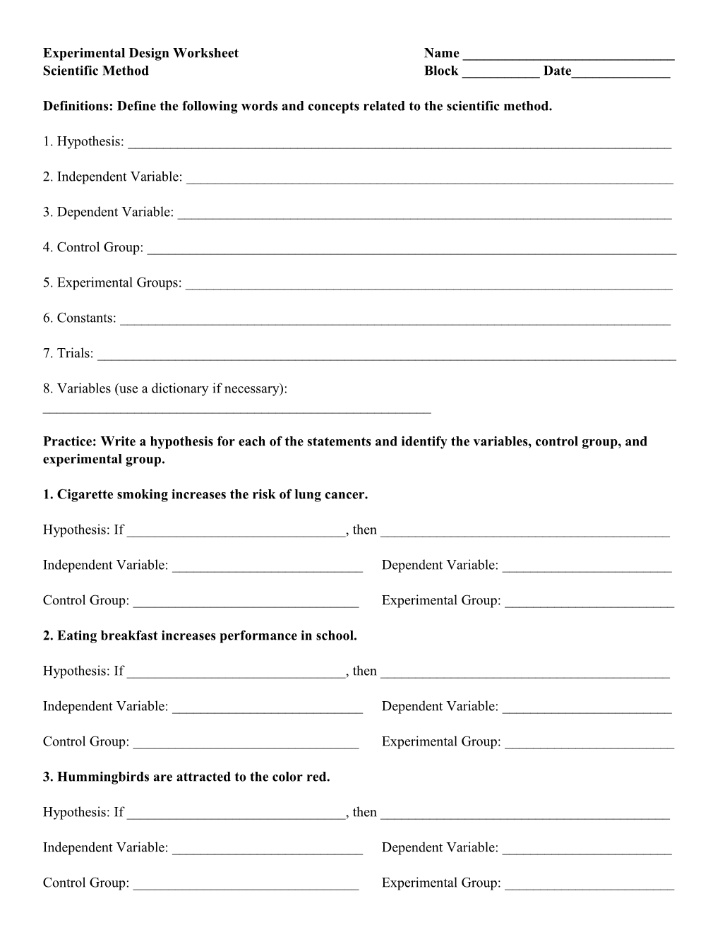 Experimental Design Worksheet