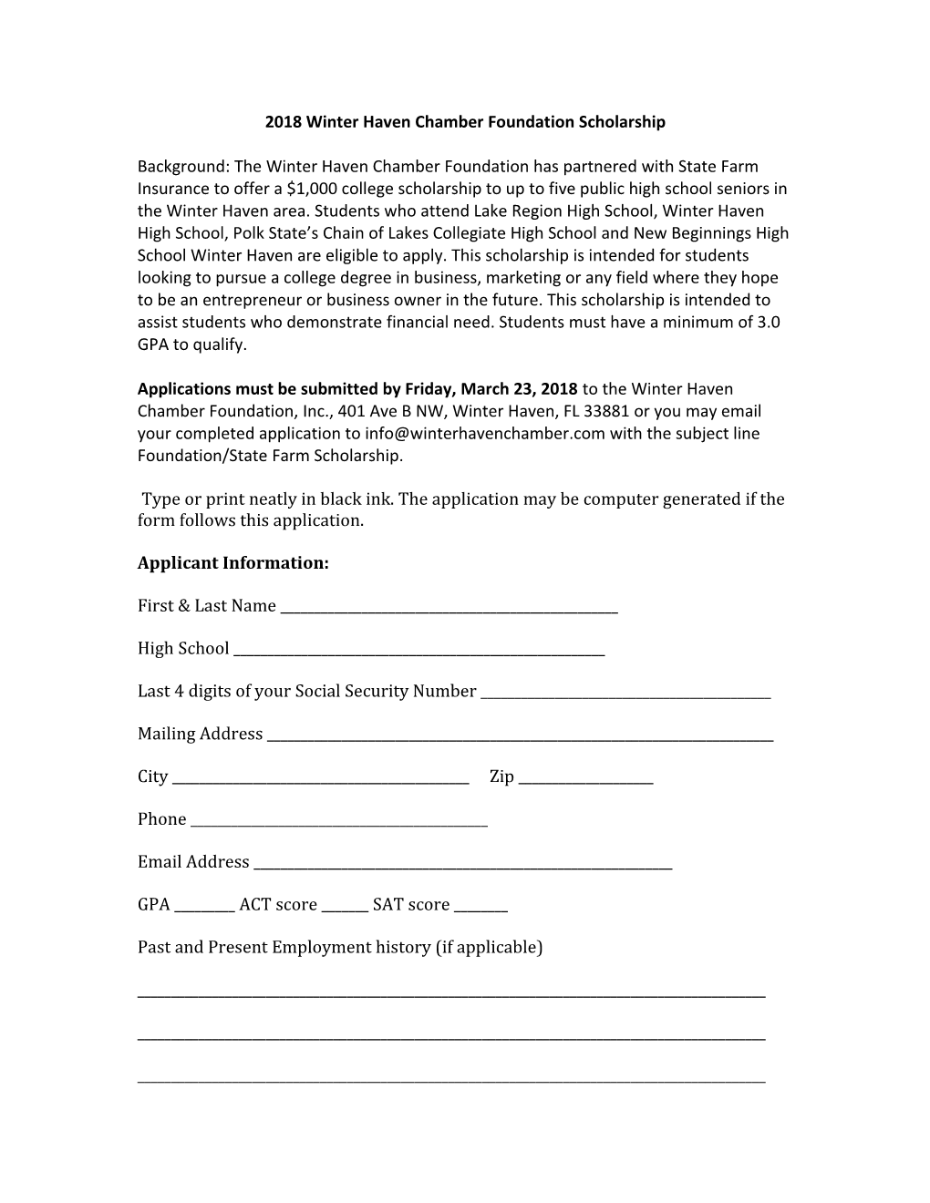 2018 Winter Haven Chamber Foundation Scholarship