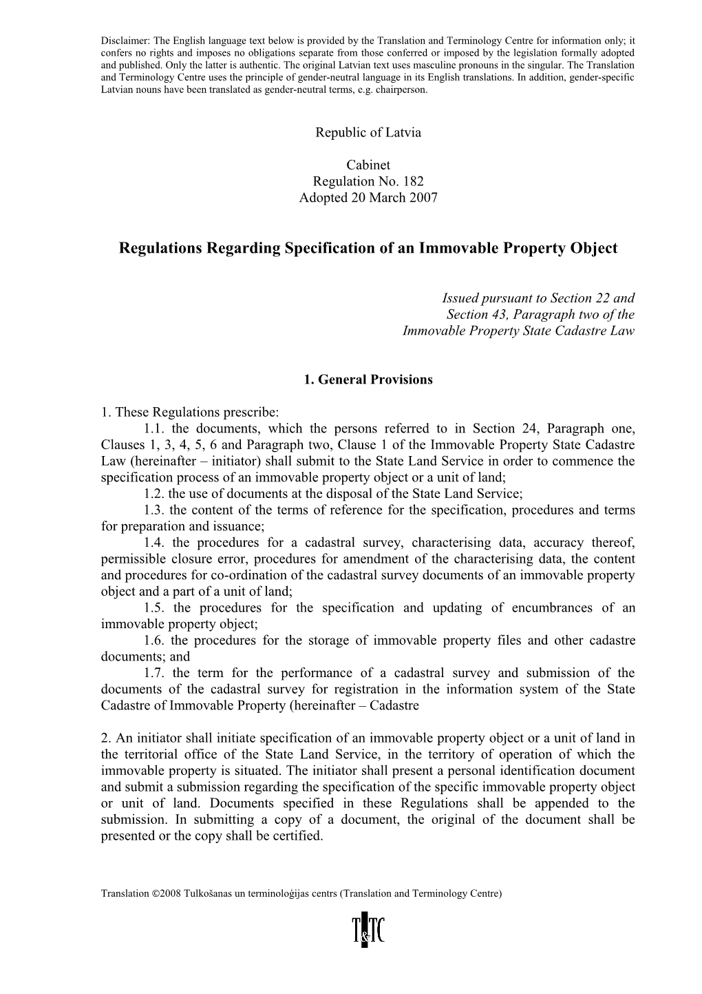 Regulations Regarding Specification of an Immovable Property Object