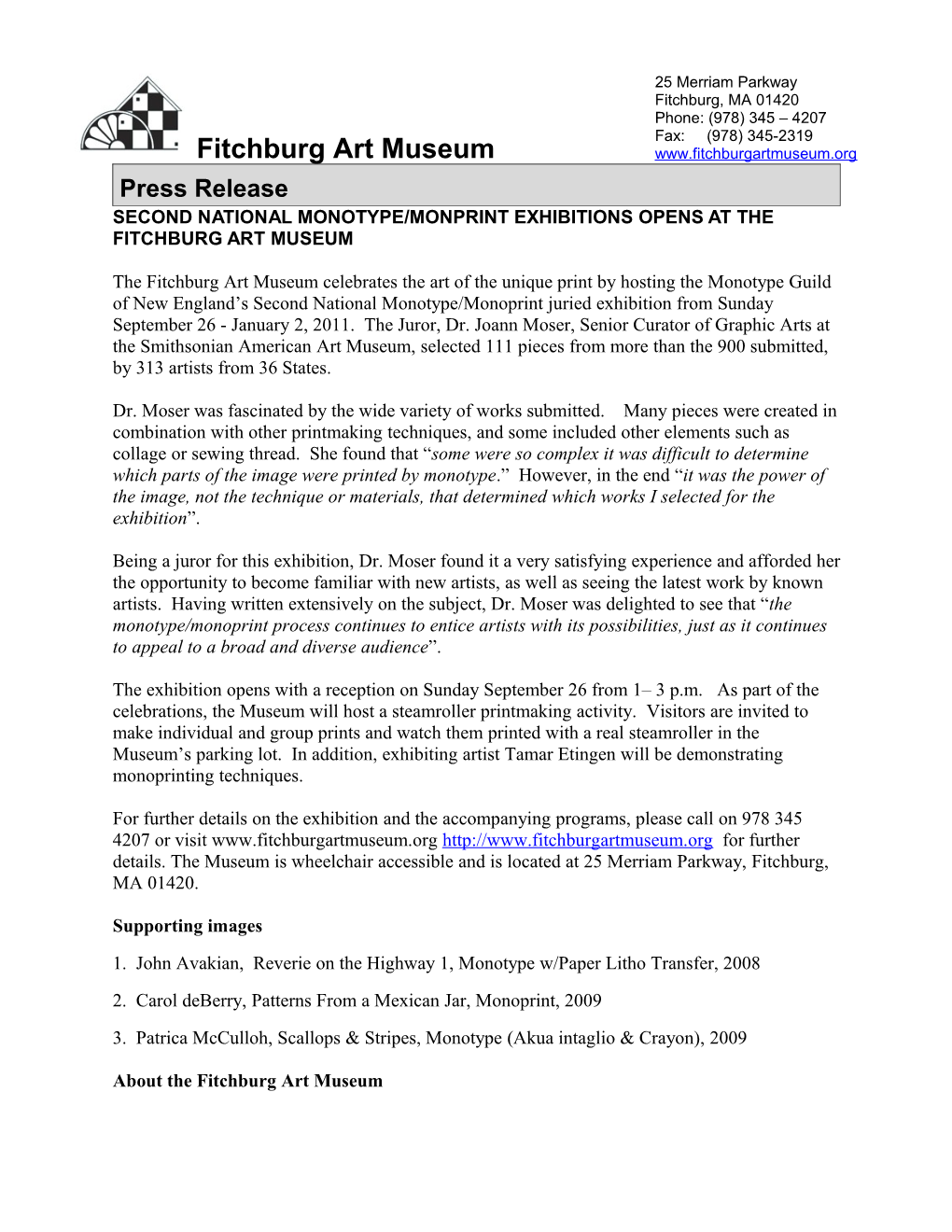 Fitchburg Art Museum Second National Monotype/Monoprint Juried Exhibition