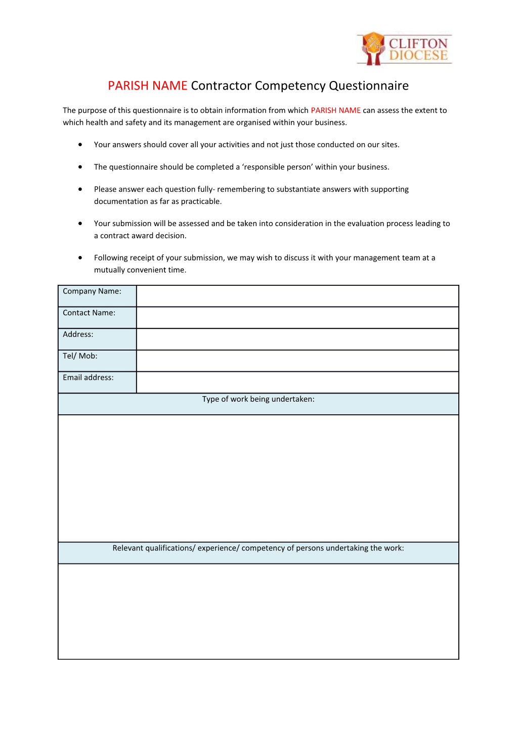 PARISH NAME Contractor Competency Questionnaire