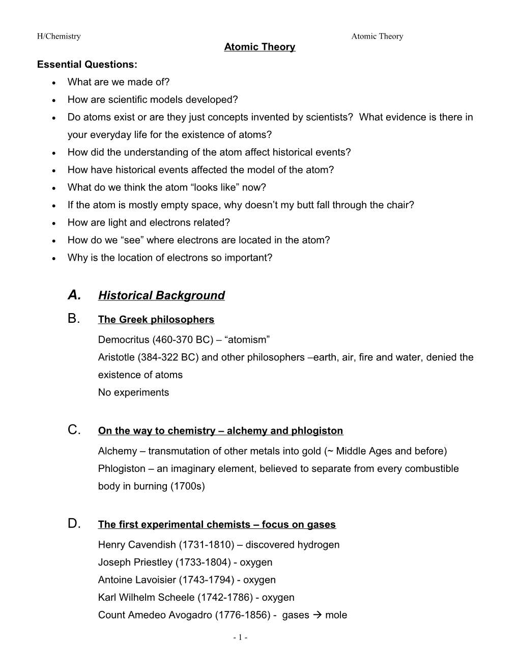 H/Chemistry Atomic Theory