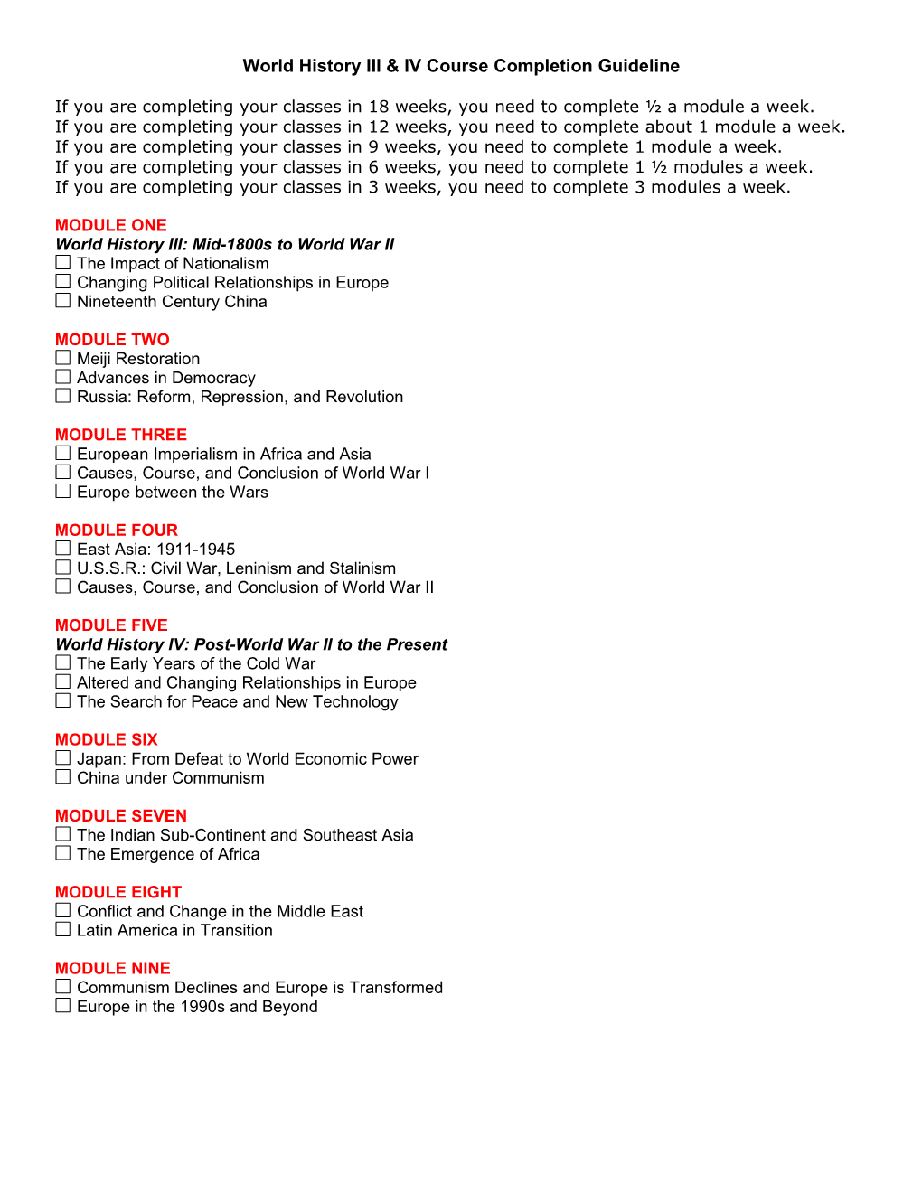 World History III & IV Course Completion Guideline