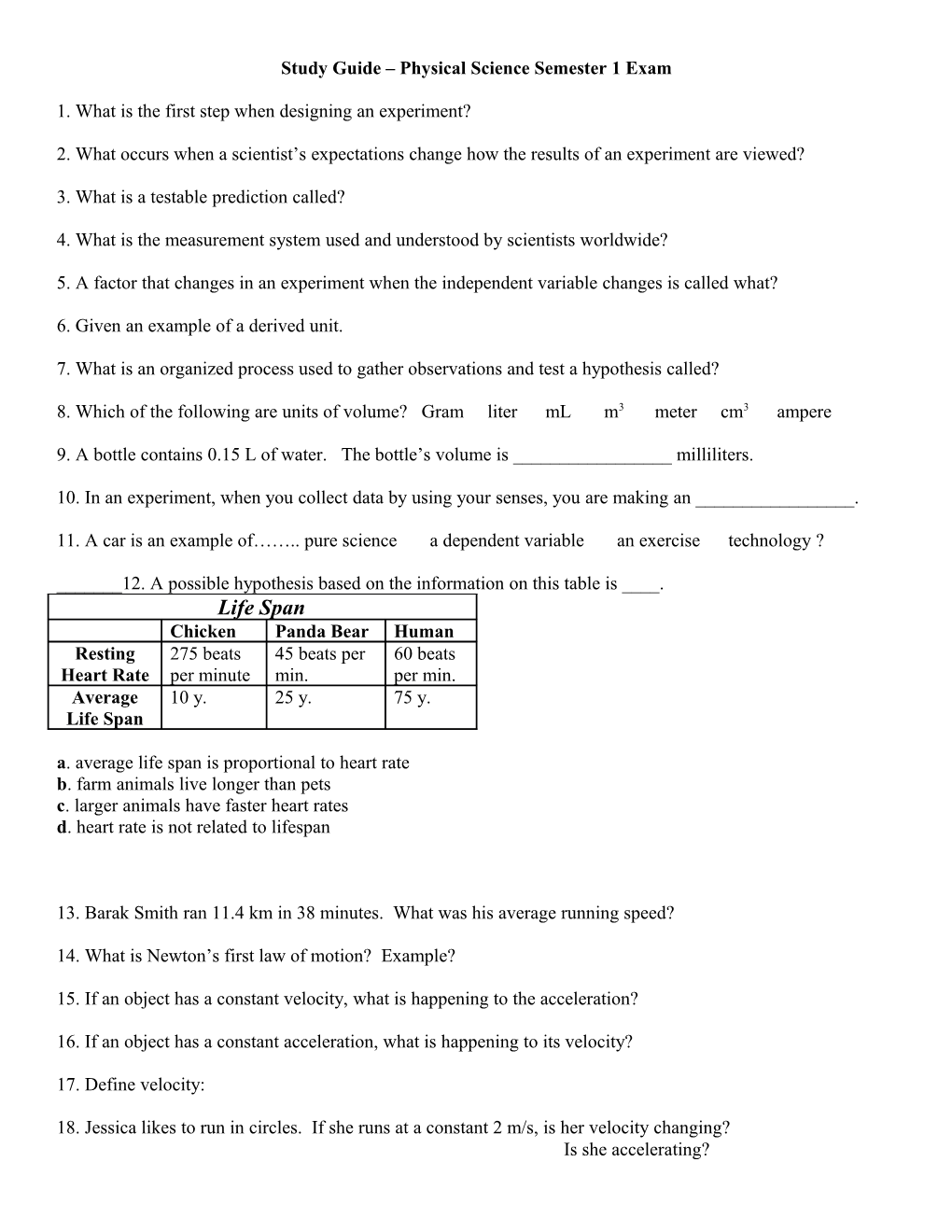 Study Guide Physical Science Semester 1 Exam