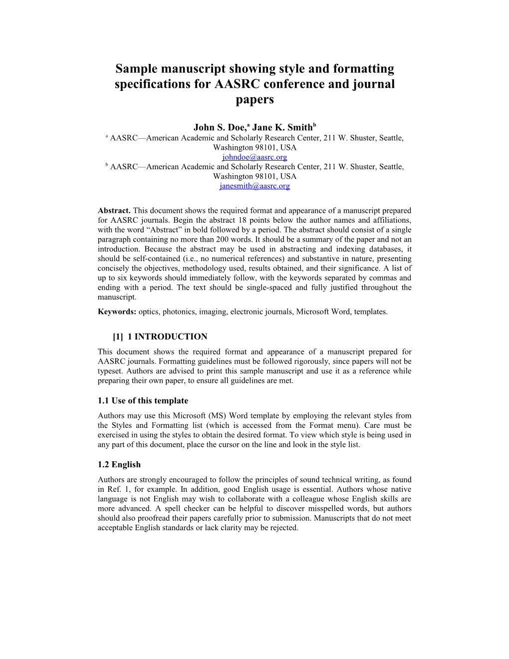 Sample Manuscript Showing Style and Formatting Specifications for SPIE E-Journal Papers s1