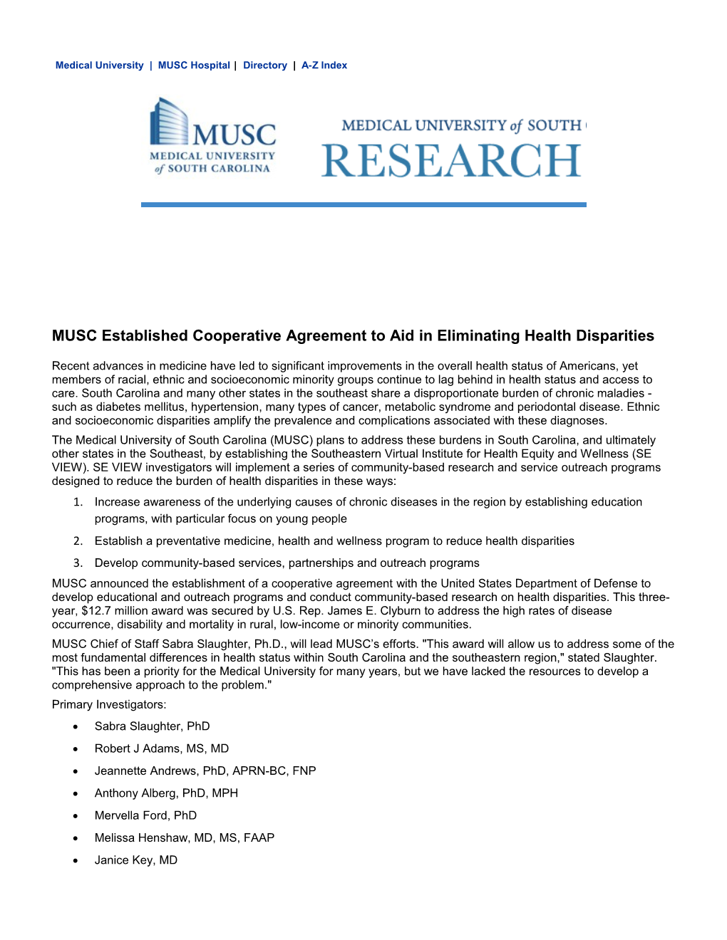 MUSC Established Cooperative Agreement to Aid in Eliminating Health Disparities