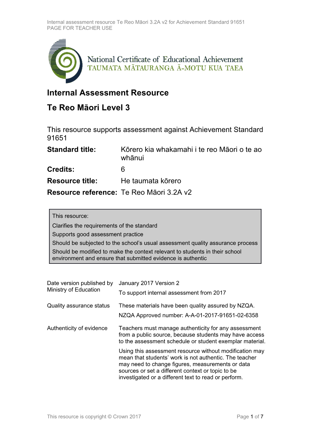 Level 3 Te Reo Maori Internal Assessment Resource