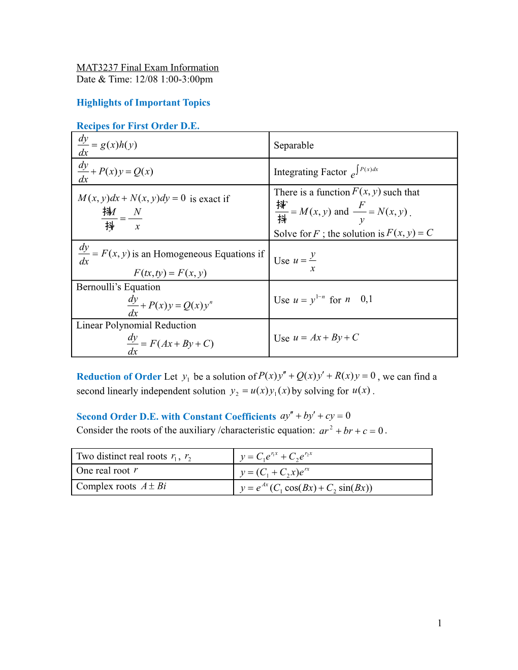 Recipes for First Order D.E