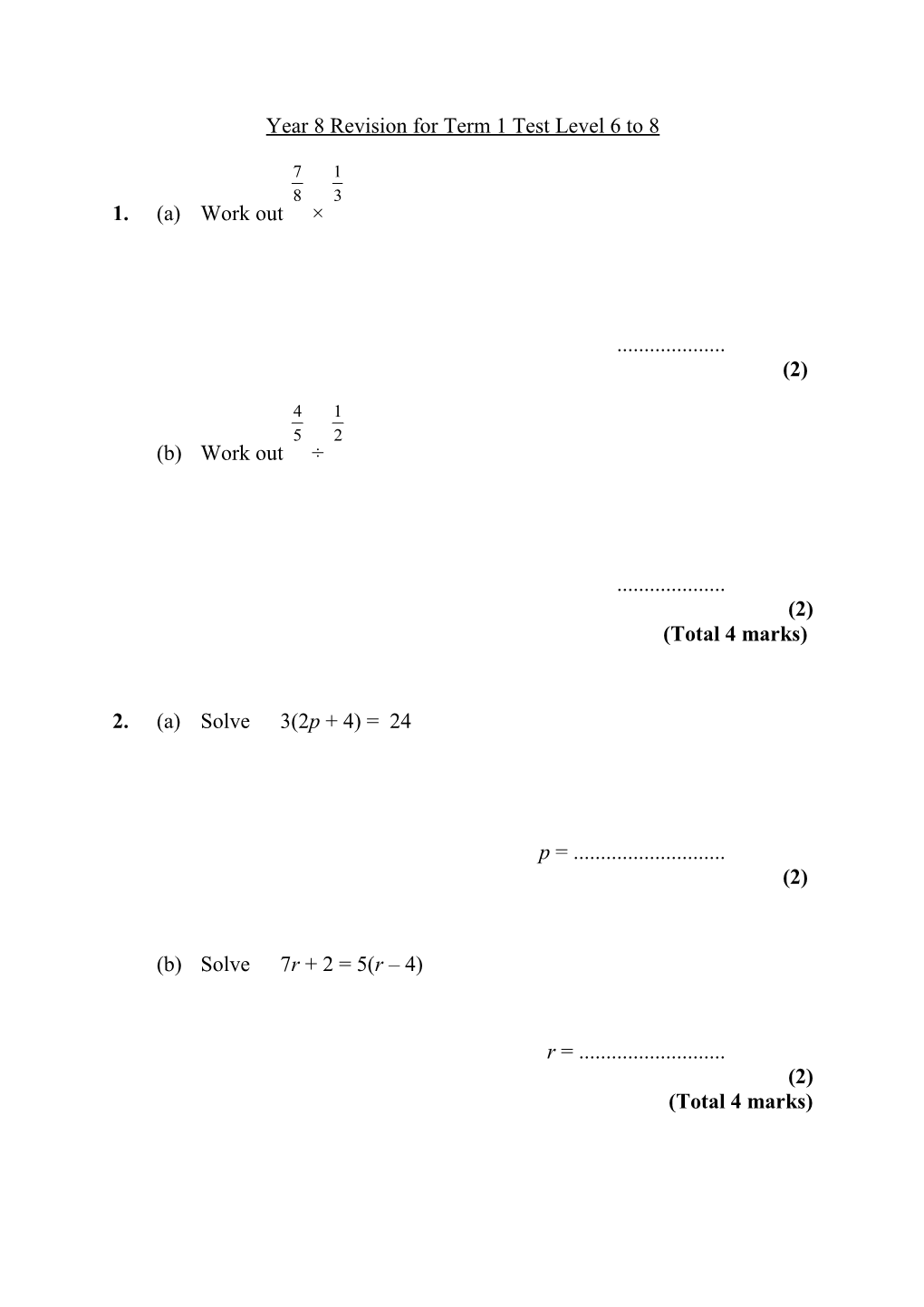 Year 8 Revision for Term 1 Test Level 6 to 8