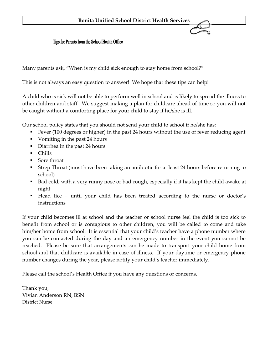 Letter to Parents Regarding Children Who Are Sick at School/When to Keep Your Child Home