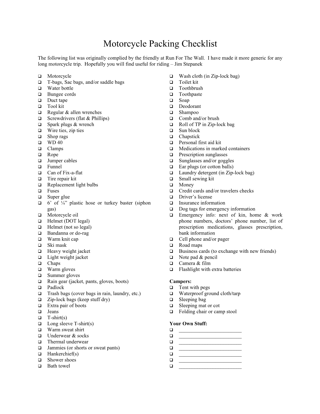 Motorcycle Packing Checklist