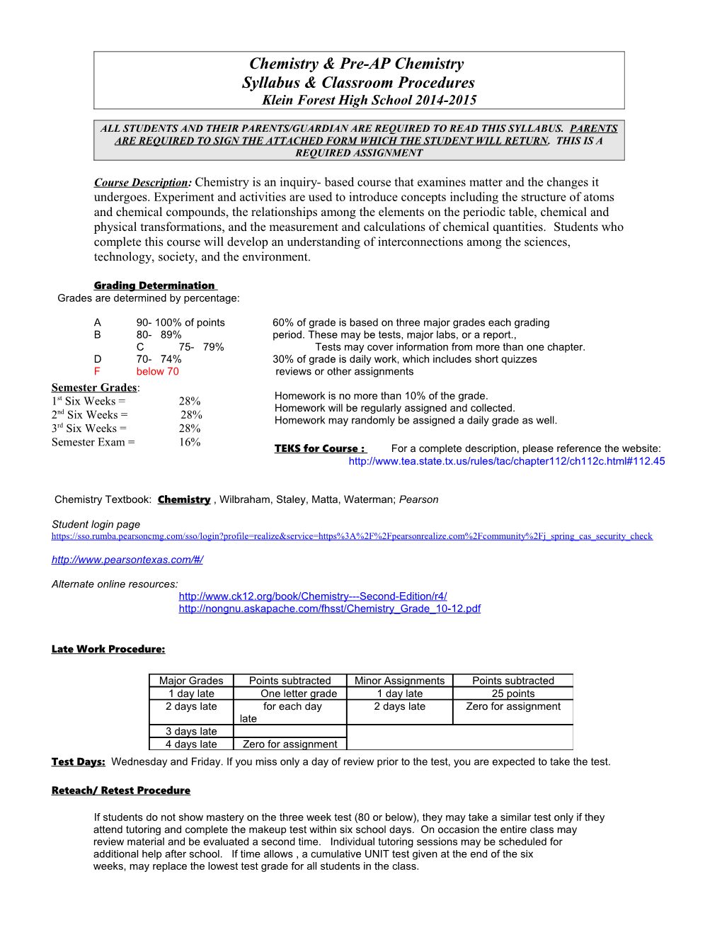 Chemistry Syllabus & Classroom Procedures