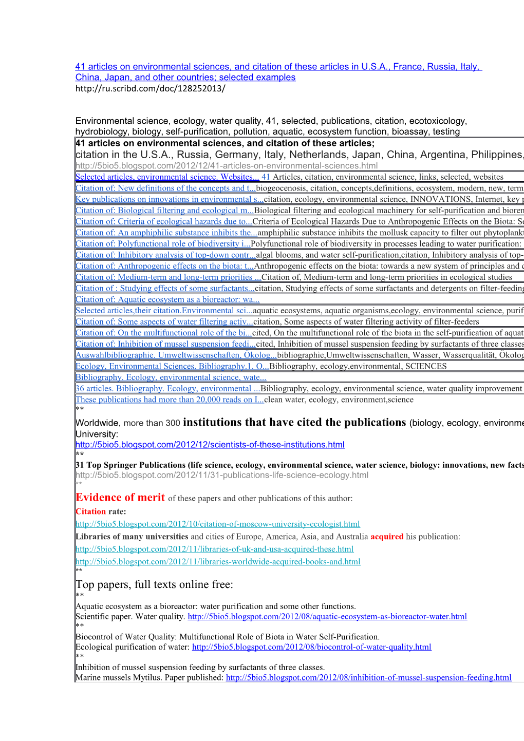 41 Articles on Environmental Sciences, and Citation of These Articles in U.S.A., France