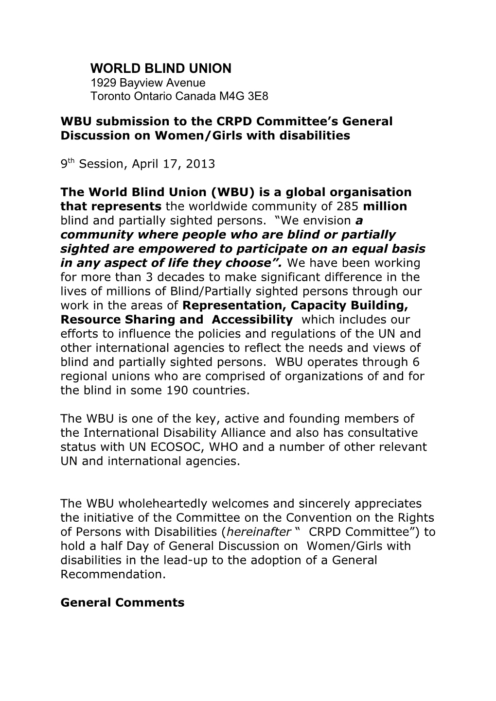WBU Submission to the CRPD Committee S General Discussion on Women/Girls with Disabilities