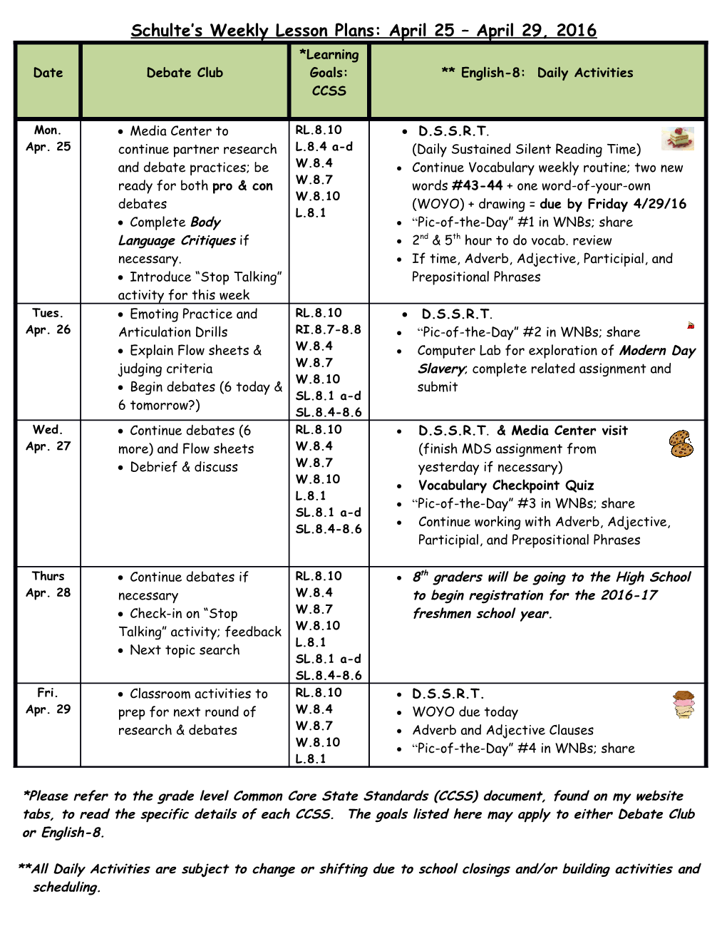 Schulte S Weekly Lesson Plans: April 25 April 29, 2016