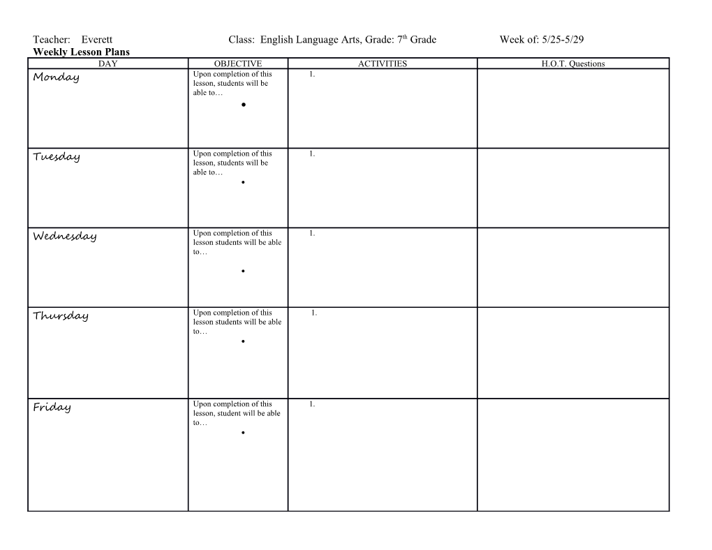 Weekly Lesson Plans s8