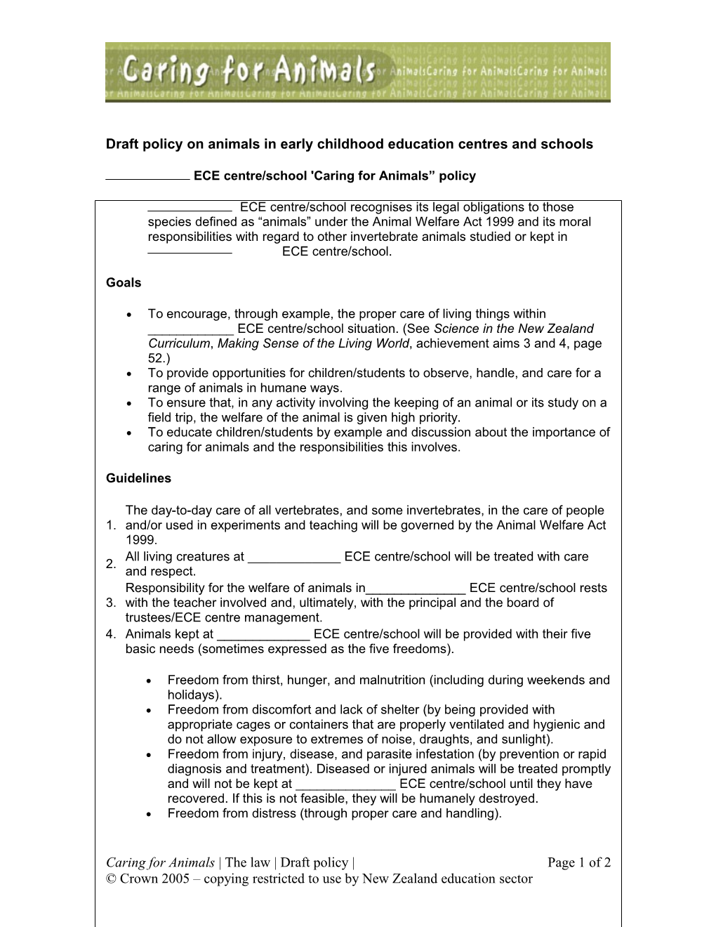 Draft Policy on Animals in Early Childhood Education Centres and Schools