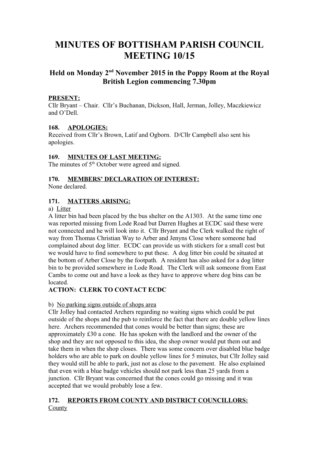 Minutes of Bottisham Parish Council Meeting 10/15
