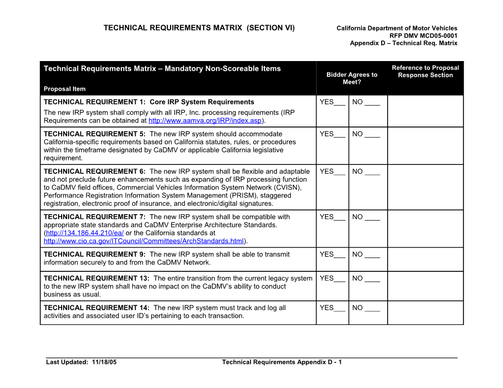 TECHNICAL REQUIREMENTS MATRIX (SECTION VI) California Department of Motor Vehicles