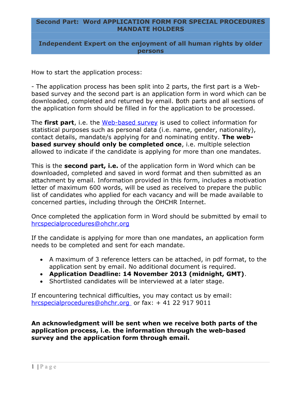 Second Part: Word APPLICATION FORM for SPECIAL PROCEDURES MANDATE HOLDERS