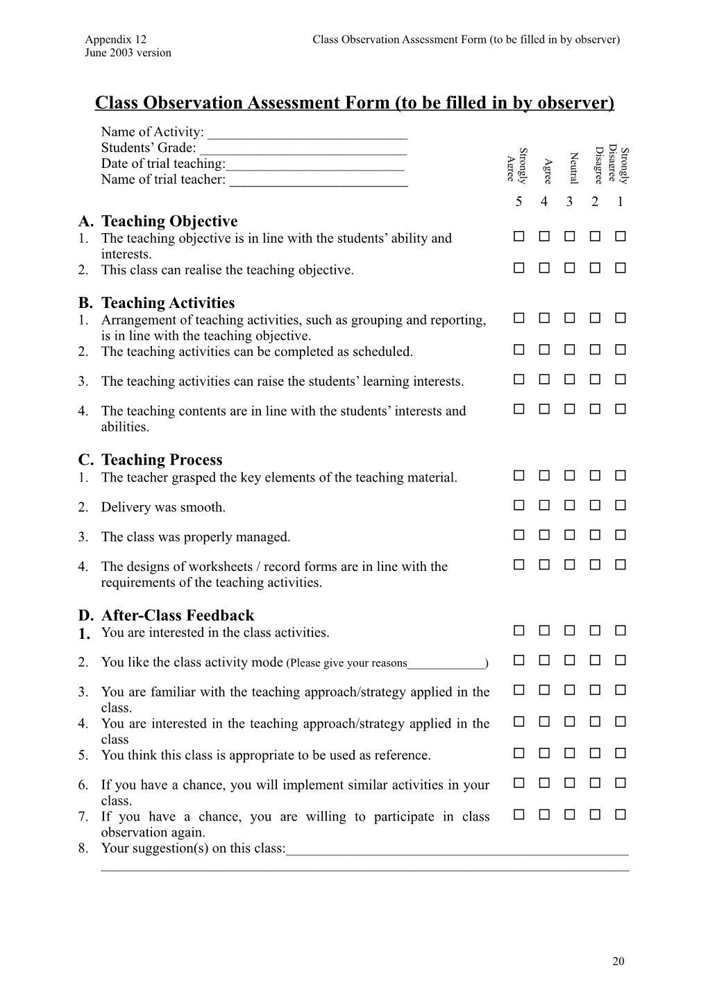 Class Observation Assessment Form (To Be Filled in by Observer)