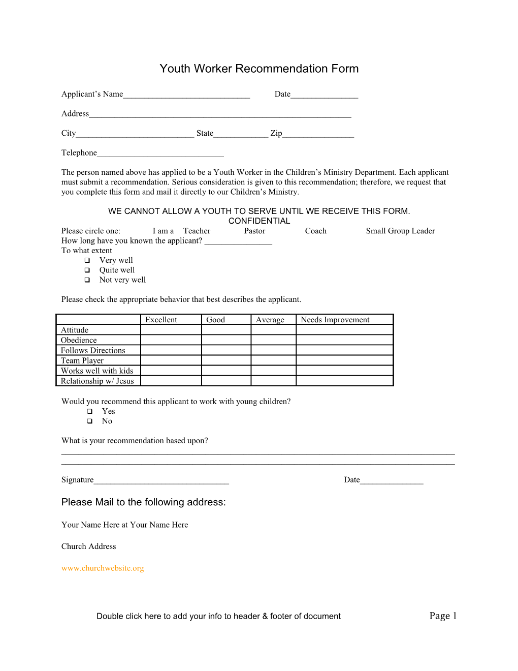 Youth Worker Recommendation Form