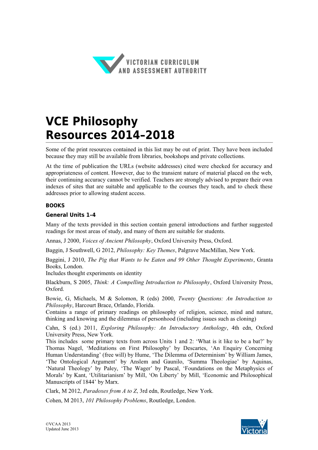 VCE Philosophy Resources 2014-2018
